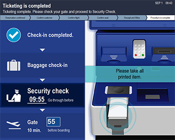 The boarding pass and receipt are printed.