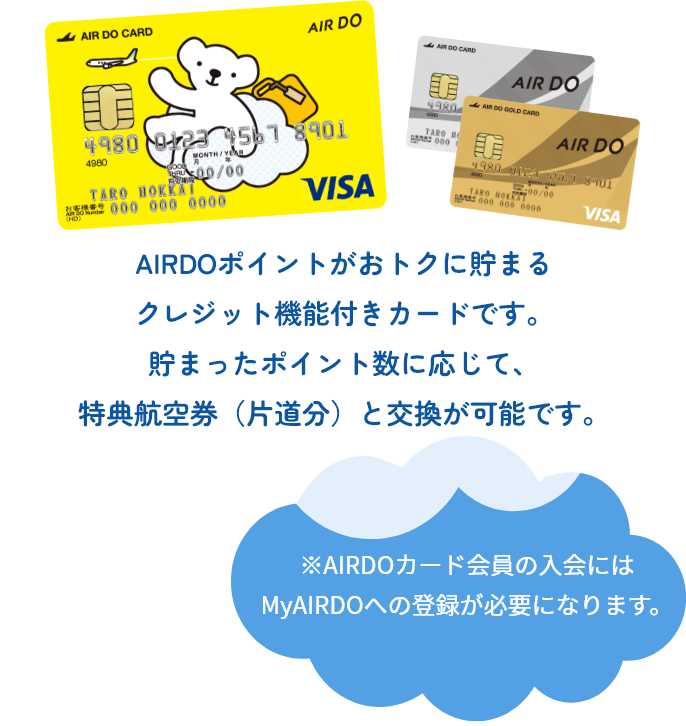 AIRDOポイントがおトクに貯まるクレジット機能付きカードです。貯まったポイント数に応じて、特典航空券（片道分）と交換が可能です。 ※AIRDOカード会員の入会にはMyAIRDOへの登録が必要になります。