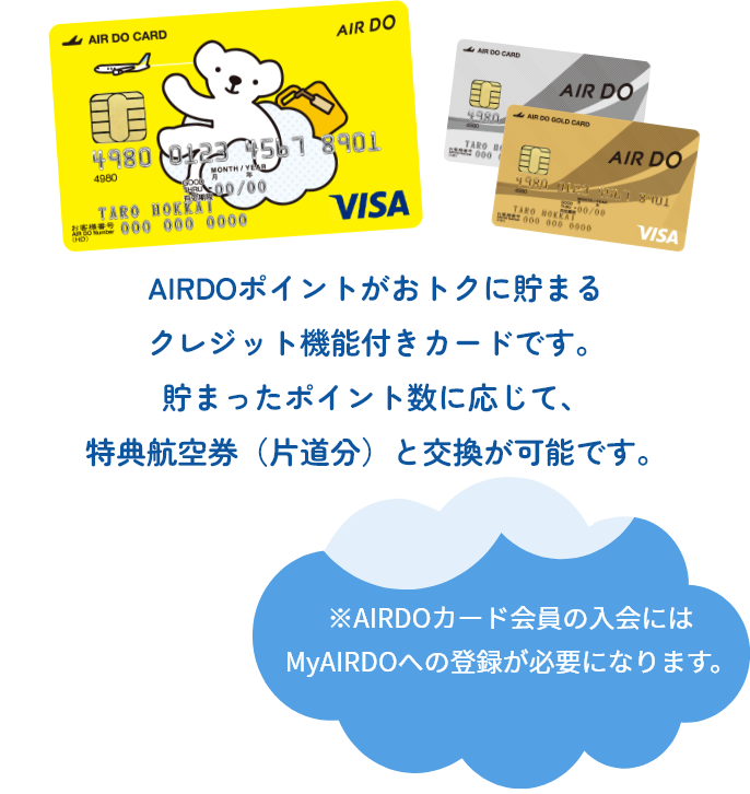 AIRDOポイントがおトクに貯まるクレジット機能付きカードです。貯まったポイント数に応じて、特典航空券(片道分)と交換が可能です。 ※AIRDOカード会員の入会にはMyAIRDOへの登録が必要になります。
