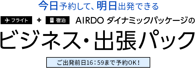 今日予約して、明日出発できる AIRDOダイナミックパッケージのビジネス・出張パック ご出発前日16：59まで予約OK！