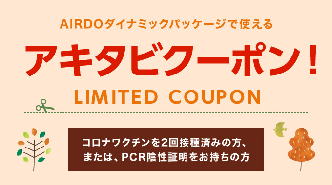 コロナワクチン接種済み 2回 の方へ アキタビクーポン Airdoダイナミックパッケージ 北海道発着の飛行機予約 空席照会 Airdo エア ドゥ コロナワクチン接種済み 2回 の方へ アキタビクーポン Airdoダイナミックパッケージ 北海道発着の飛行機予約 空席照会 Airdo エア ドゥ