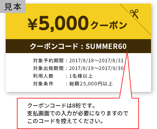 クーポンコードは8桁です。支払画面での入力が必要になりますのでこのコードを控えて下さい。